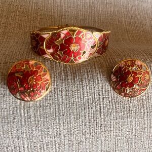 Red and Gold Cloisonné Ornate Hinged Bracelet & Earrings Set